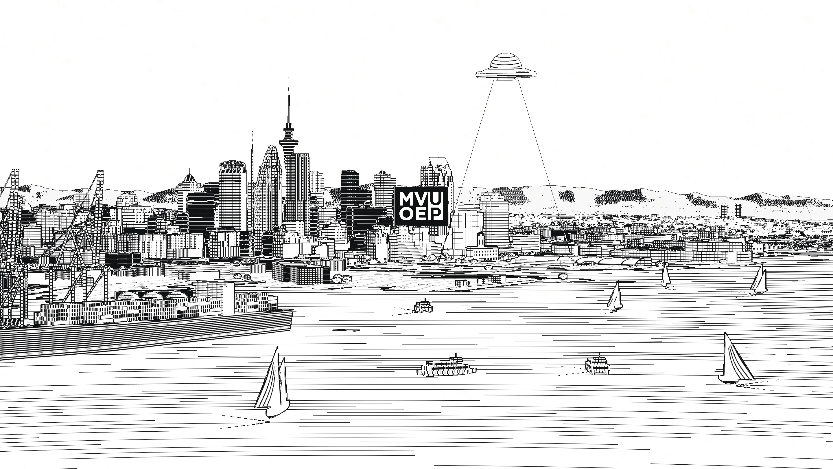 Auckland drawn as an engraved survey plate: the working port in the foreground, the CBD and Sky Tower beyond, and a small craft holding its lens open over the city.